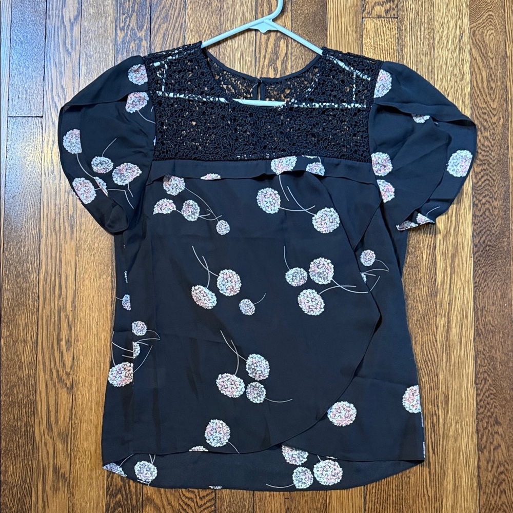 Maeve Black Floral Blouse with Lace Detail, NWT, Large, Black